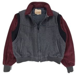 VINTAGE 90's Suede Leather Wool Bomber Aviator Jacket Men XL Burgundy Colorblock